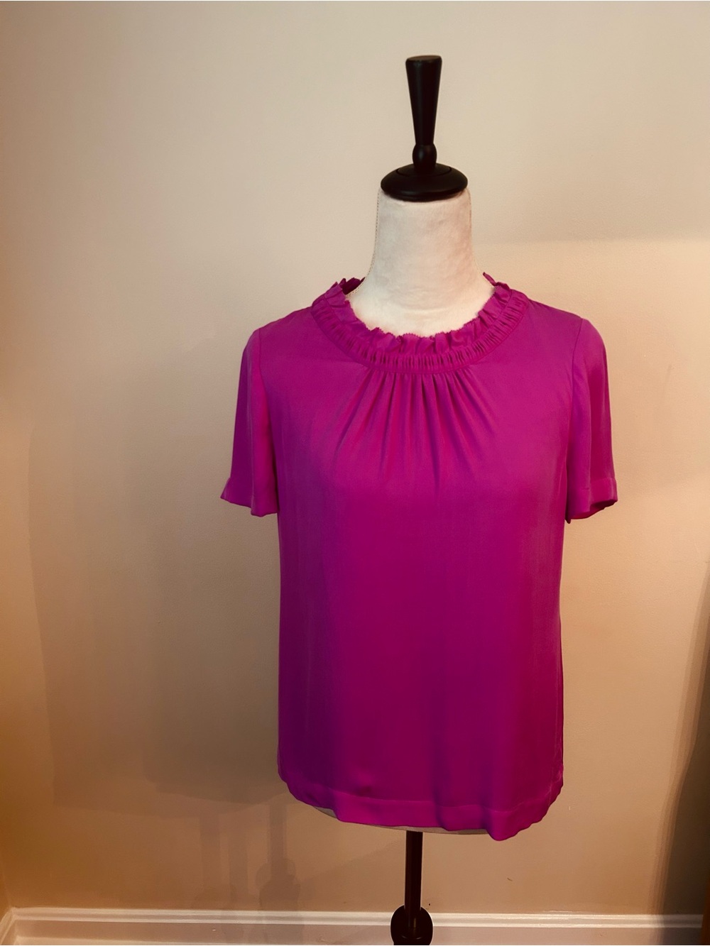 J. Crew Magenta Ruffled Neck Short Sleeve Blouse- very good condition